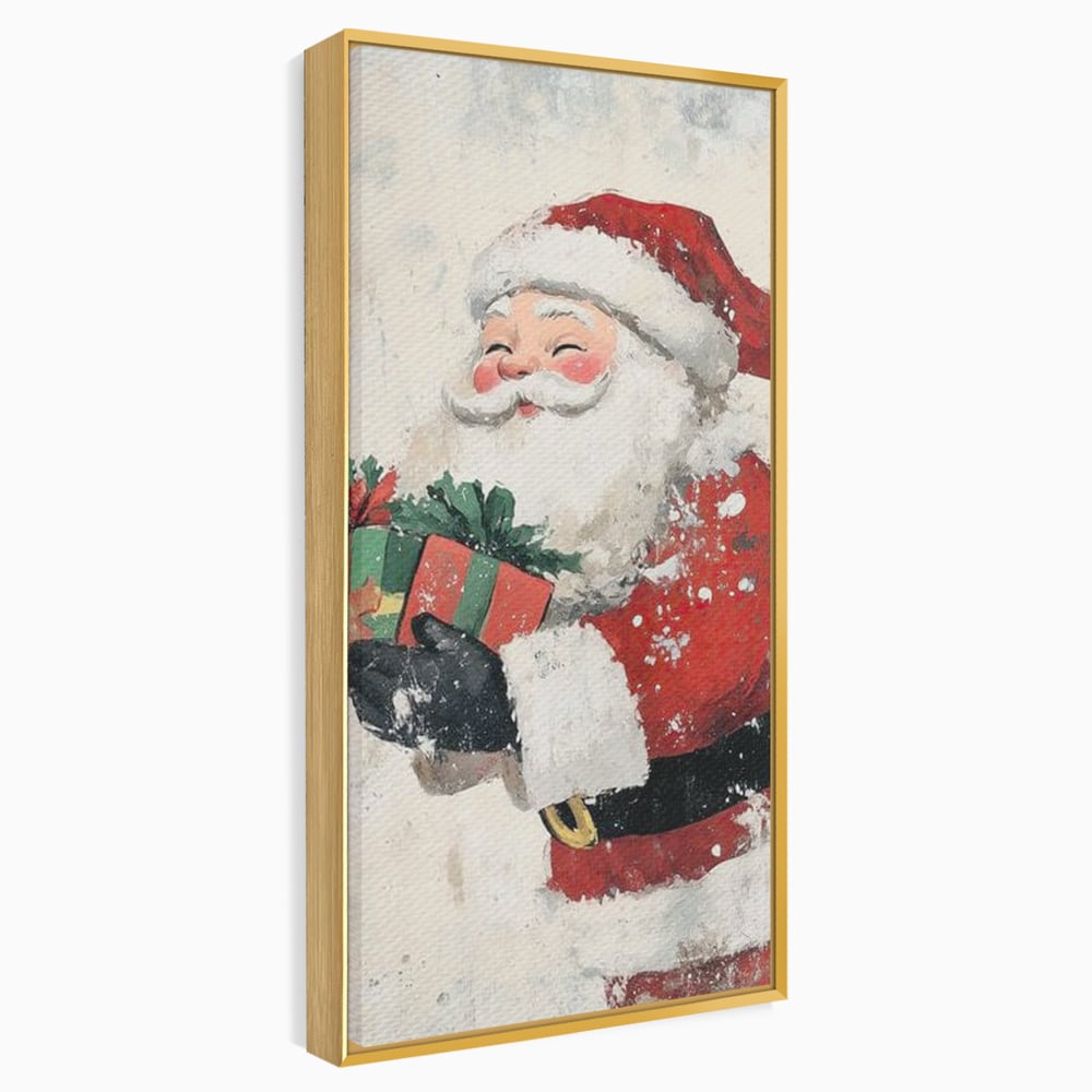 Tablou canvas cu ilustratie vintage cu mos craciun, in rama de aluminiu auriu